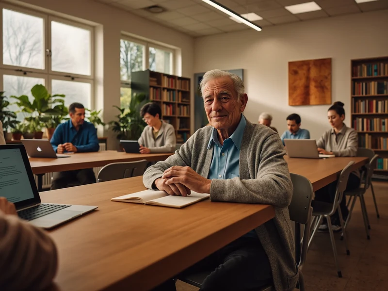 Aula luminosa con anziani e un giovane tutor attorno a un lungo tavolo