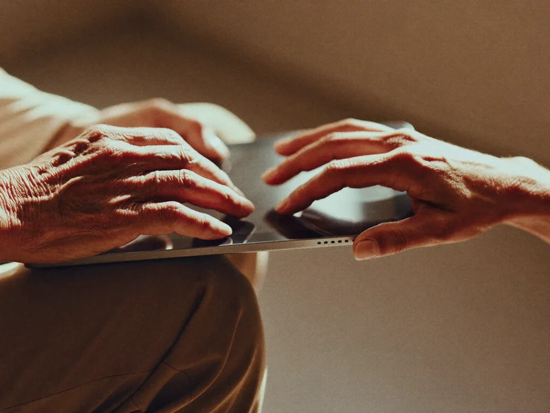 Mani anziane toccano un tablet, sostenute dalla mano di un tutor