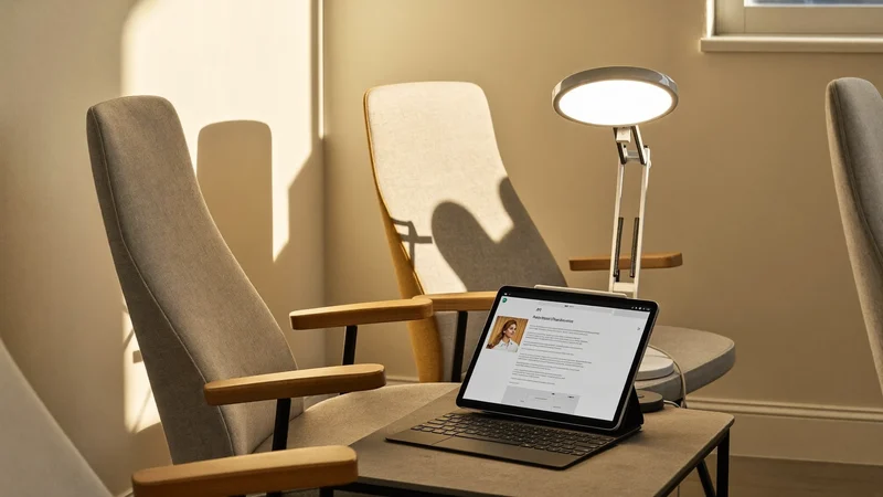 Angolo di aula tranquillo con poltrone, tablet su supporto e tastiera grande